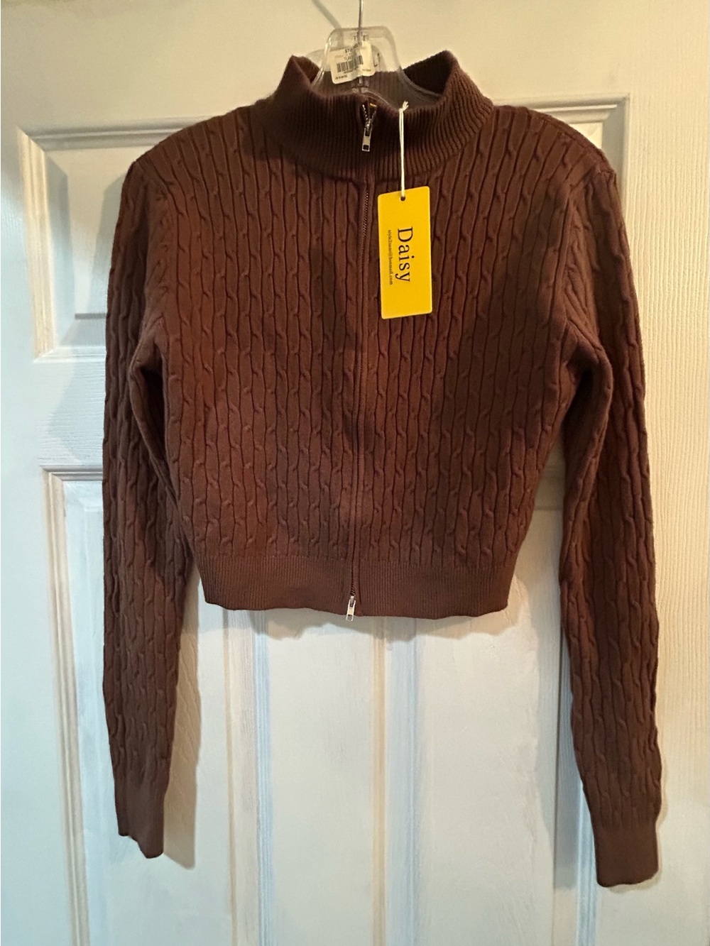 Daisy Brown Cable-Knit Cropped Zip Turtleneck Sweater 2x
